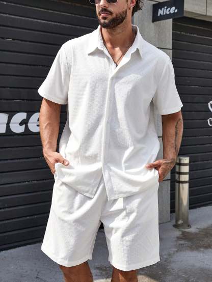 Solid Colored Button Up Shirt And Shorts-Vacay Outfit