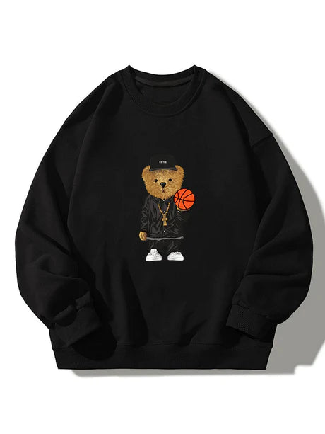Basketball Bear Print Crew Neck Sweatshirt-Vacay Outfit