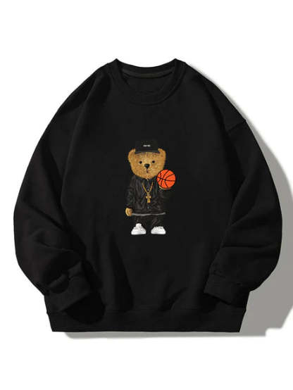 Basketball Bear Print Crew Neck Sweatshirt-Vacay Outfit