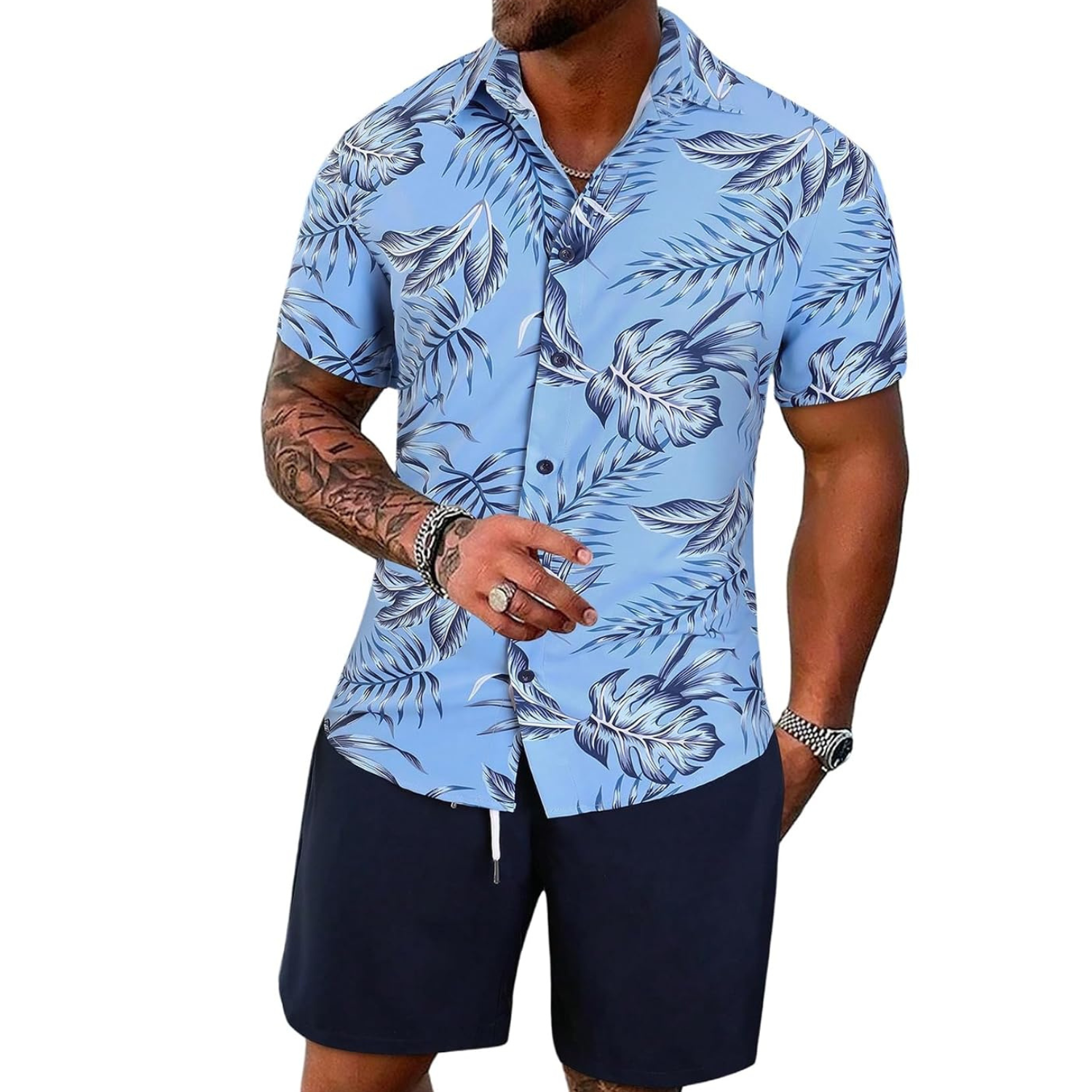 2 Pieces Button Down Shirt and Short Vacation Outfits Set