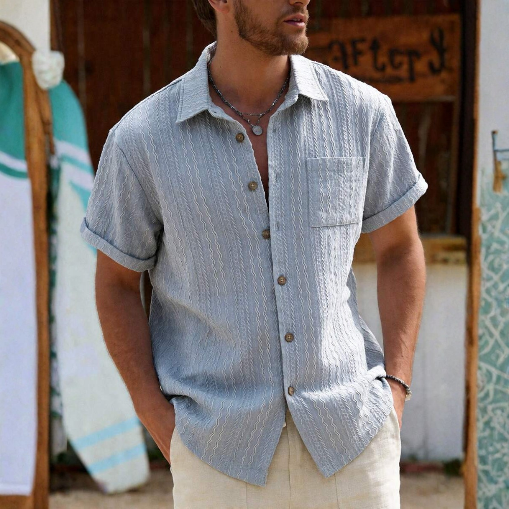 Textured Revere Collar Short Sleeve Casual Vacation Shirt For Men