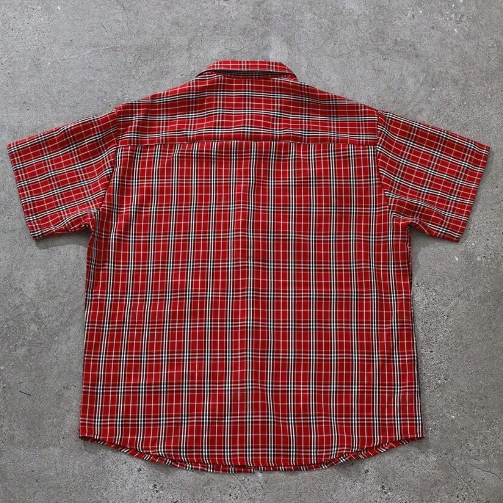 Oversized Graphic Plaid Print Short Sleeve Button Up Shirt For Men