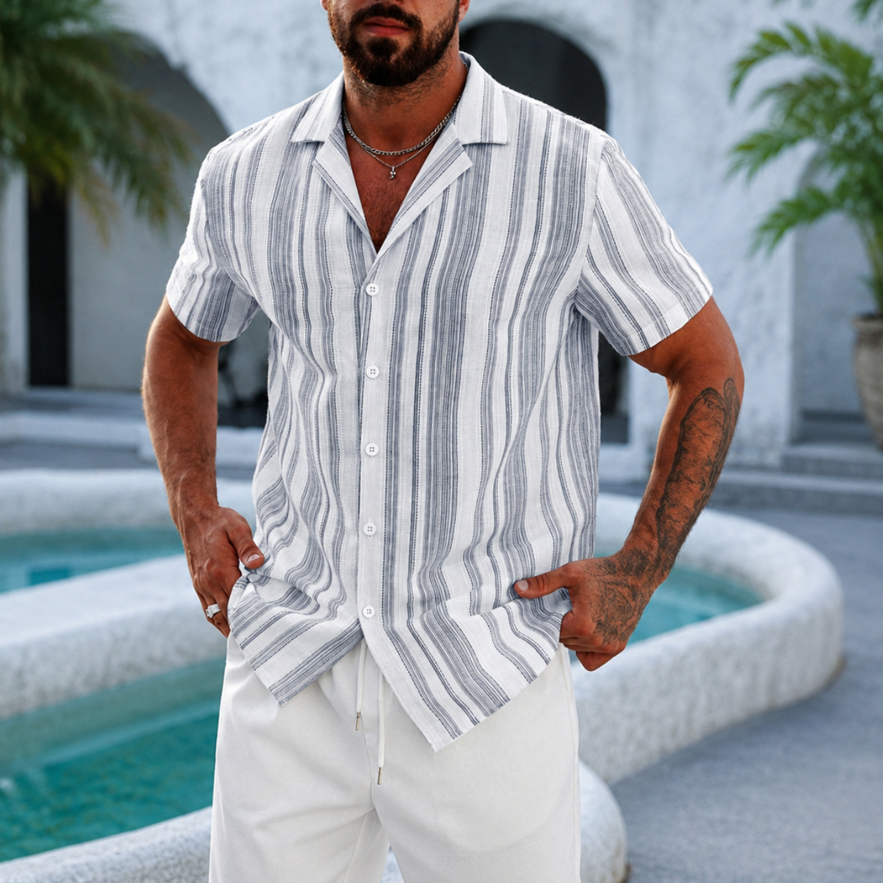 Striped Pattern Short Sleeve Button Up Shirt For Men
