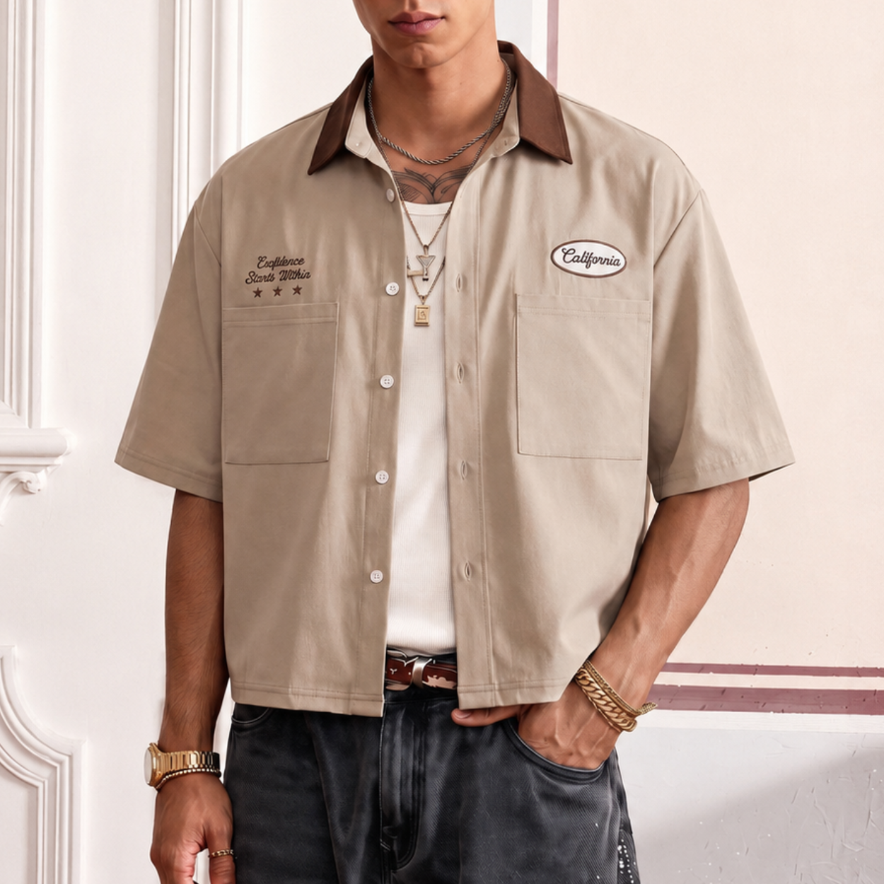 Loose Fit Plaid Pattern Short Sleeve Shirt For Men