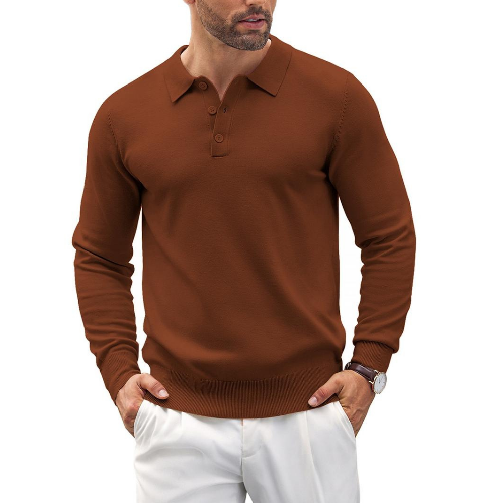 Long Sleeve Front Buttoned Knit Polo Shirt For Men