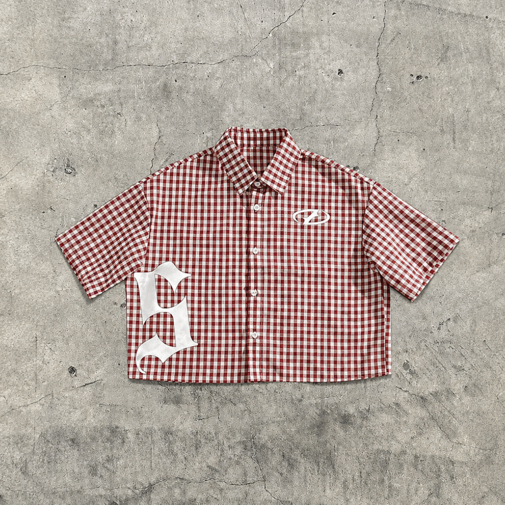 Plaid Graffiti Print Short Sleeve Button Up Streetwear Shirt for Men