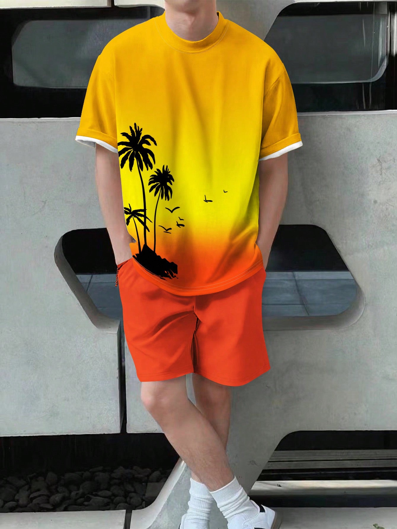 Sunset Palms Tee And Shorts Set-Vacay Outfit