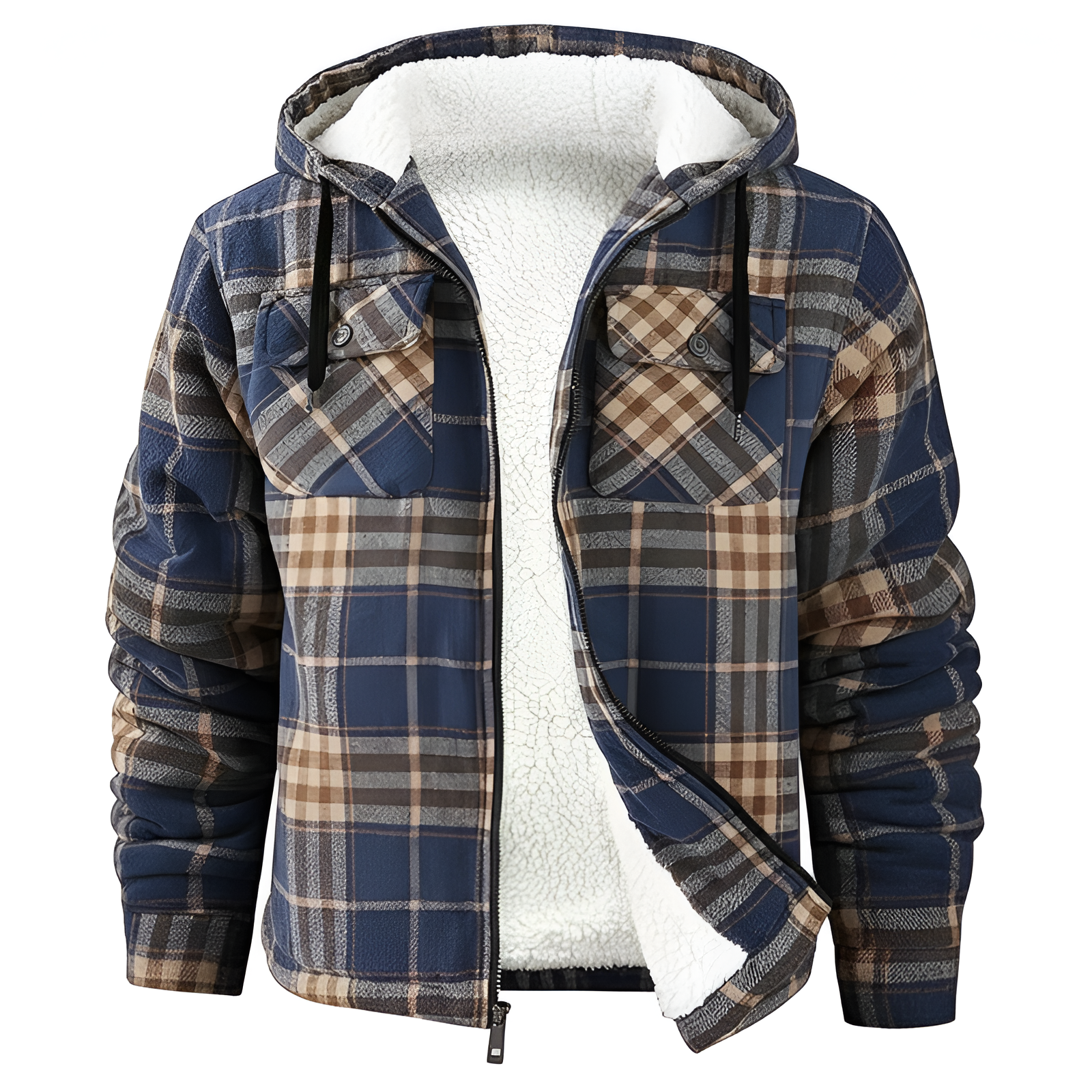 Plaid Sherpa Lined Hooded Flannel Jacket for Men