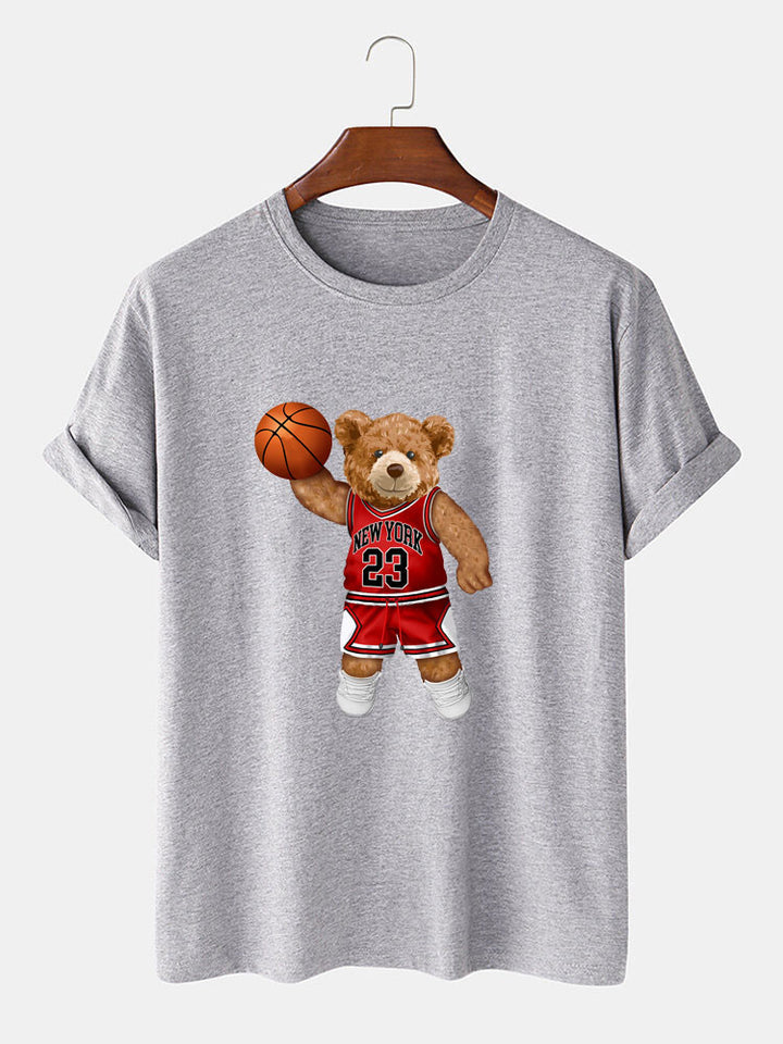 Bear Playing Basketball Print T-Shirt-Vacay Outfit
