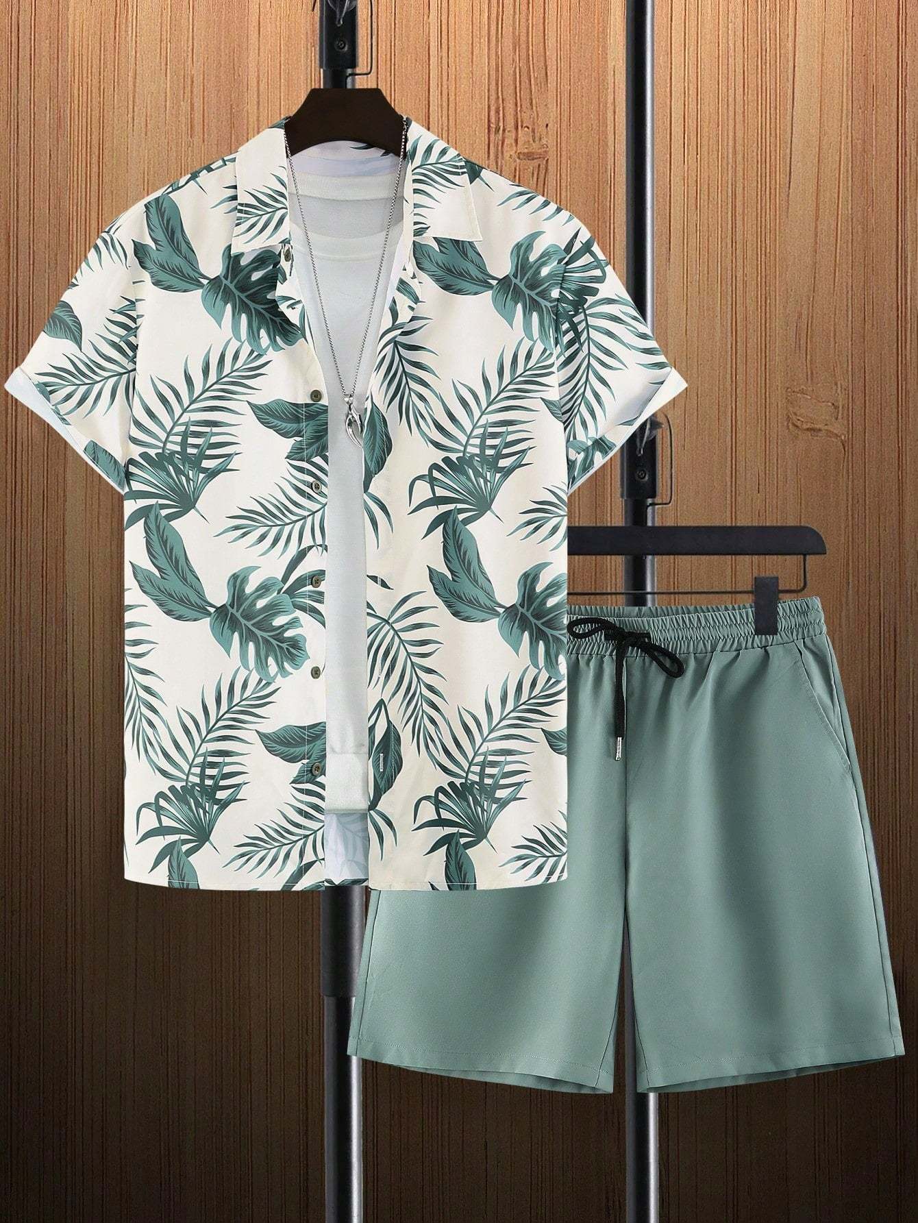 Tropical Print Shirt And Drawstring Shorts-Vacay Outfit