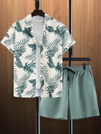 Tropical Print Shirt And Drawstring Shorts-Vacay Outfit