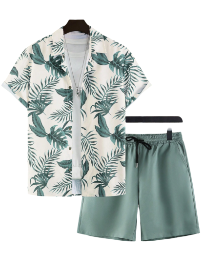 Tropical Print Shirt And Drawstring Shorts-Vacay Outfit