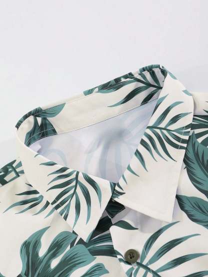 Tropical Print Shirt And Drawstring Shorts-Vacay Outfit