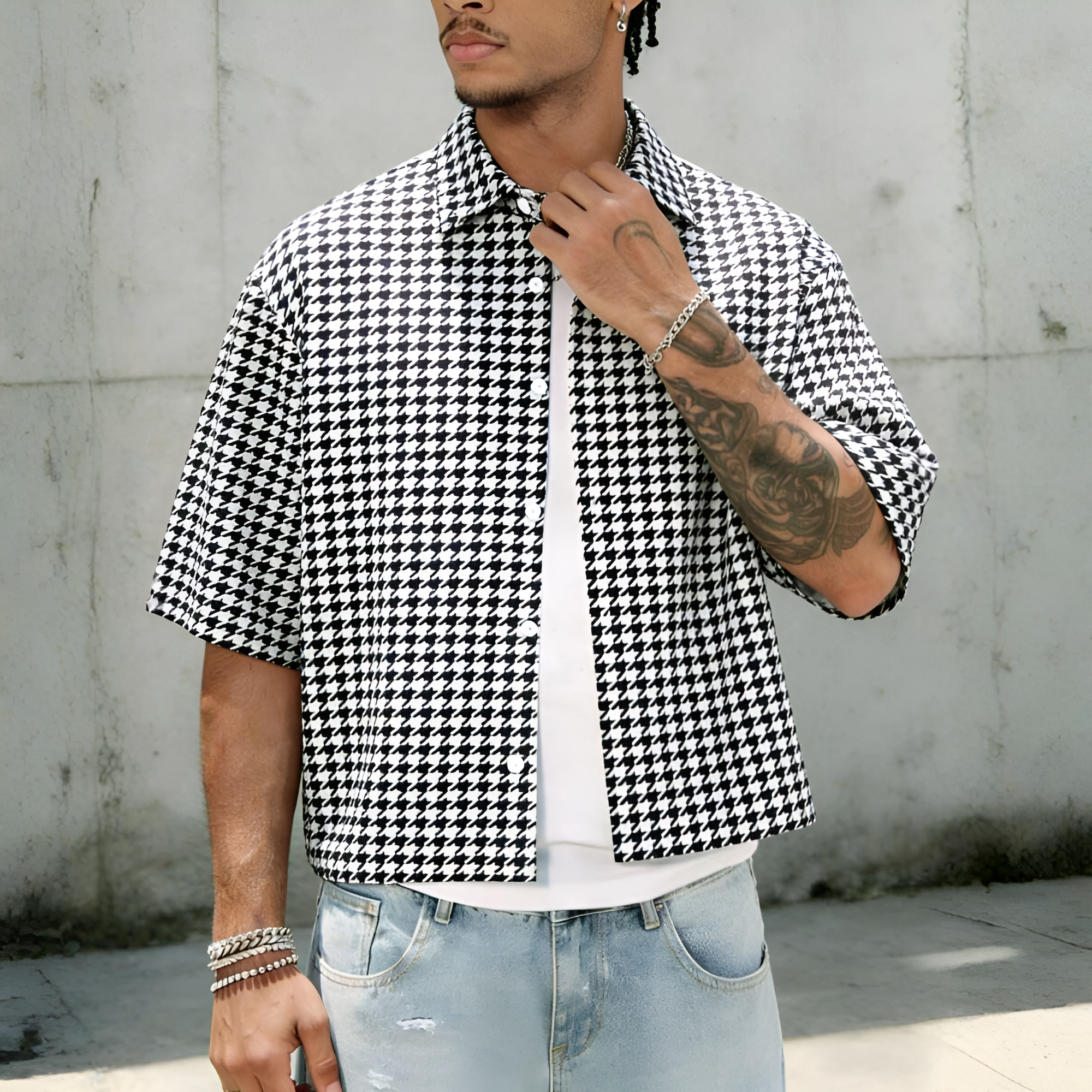 Houndstooth Slim Fit Short Sleeve Casual Street Style Shirt For Men