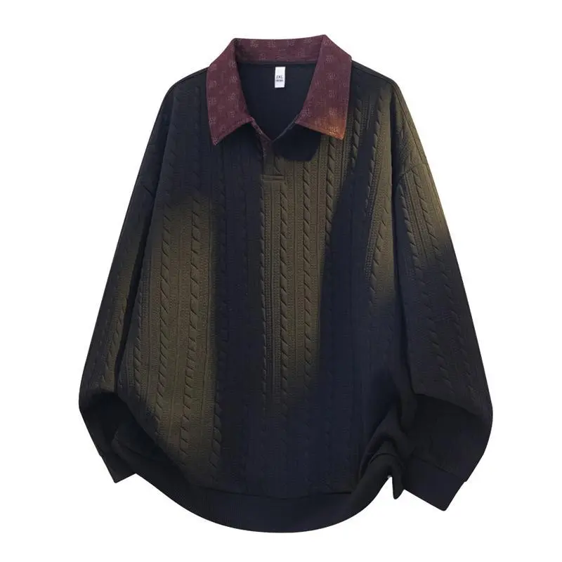 Pack of 2 Cable Knit Long Sleeve Polo Pullover T Shirt with Contrast Collar for Men