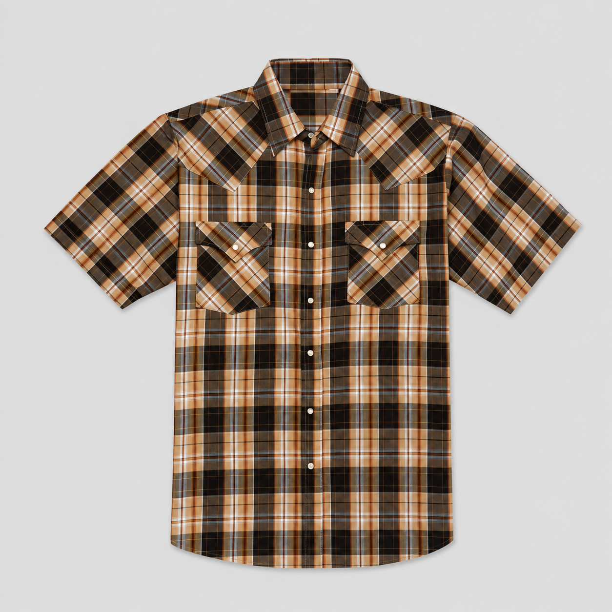 Casual Plaid Short Sleeve Western Snap Shirt For Men With Pockets
