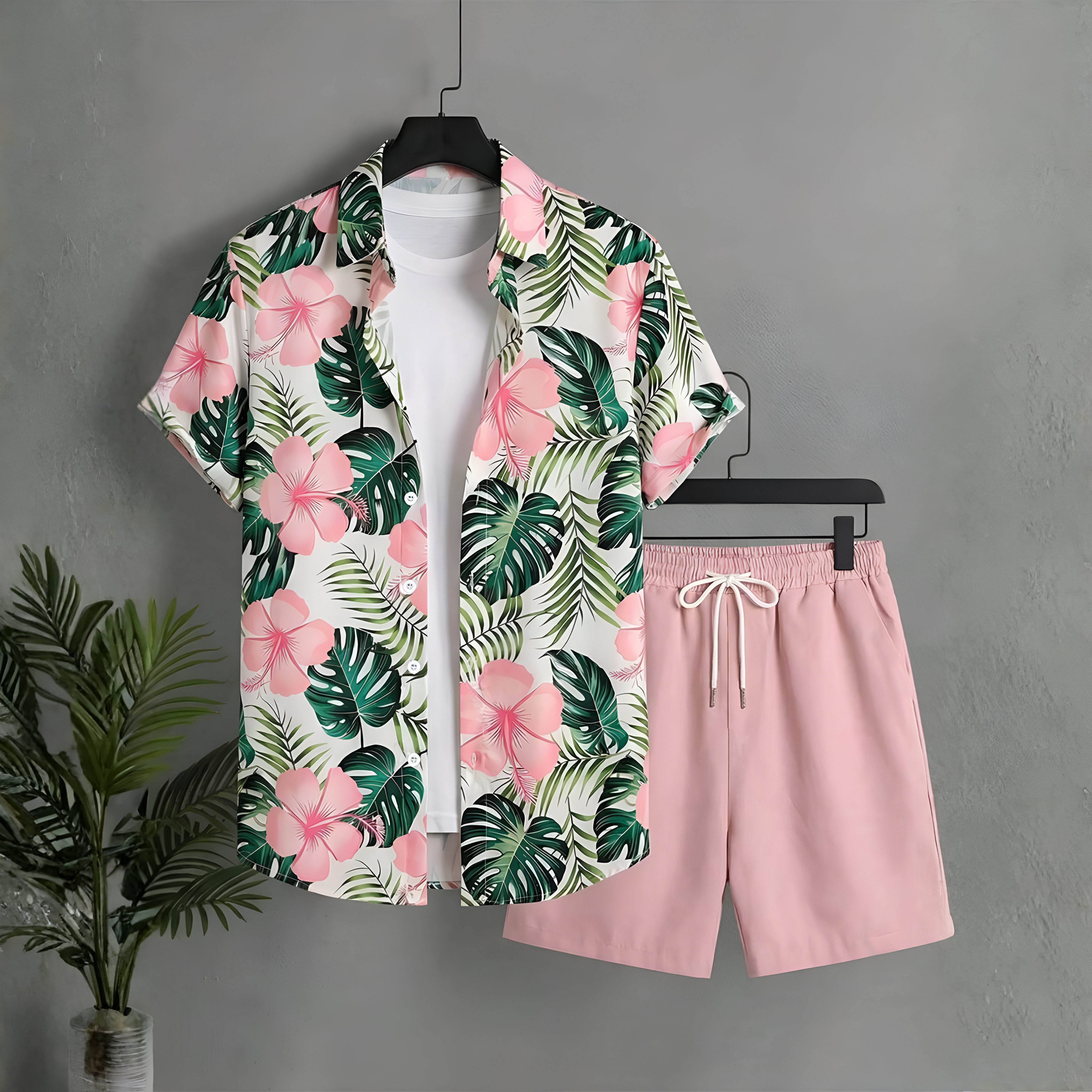 Summer Vacation House Print Short Sleeve Shirt And Shorts Set For Men