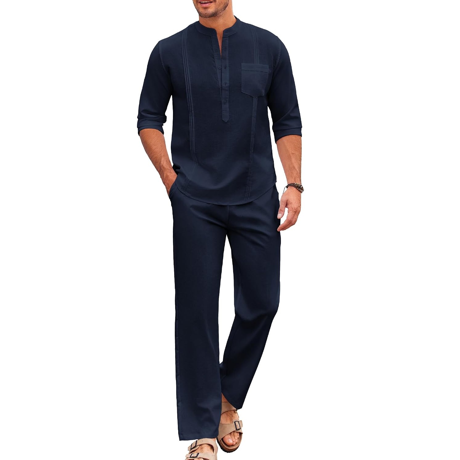 Casual Long Sleeve Loose Beach Shirt And Pant Set For Men