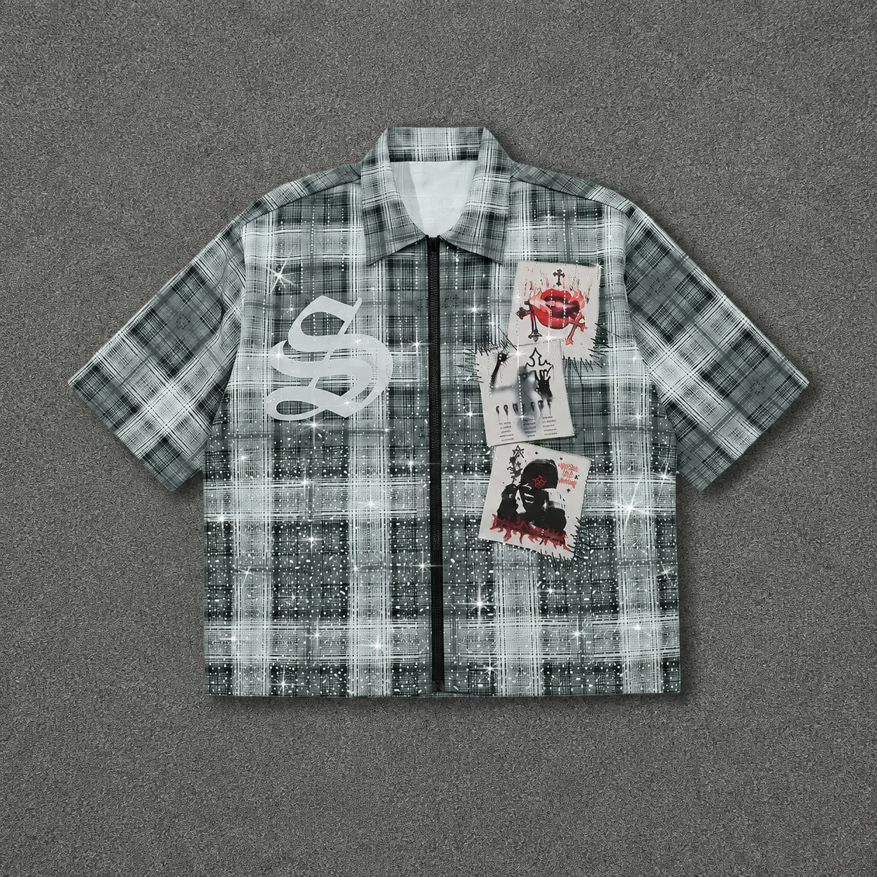 Graphic Print Rhinestone Plaid Casual Fitted Shirt For Men