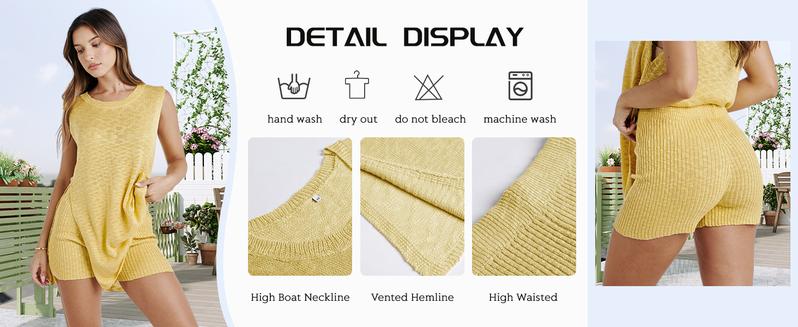 SCUSTY Women's 2 Piece Outfits Summer Knit Sweater Set Sleeveless Tunic Top Matching Shorts Trendy Beach Vacation Sets Loungesetwomen Suits Clothes Womenswear  Basic Beige