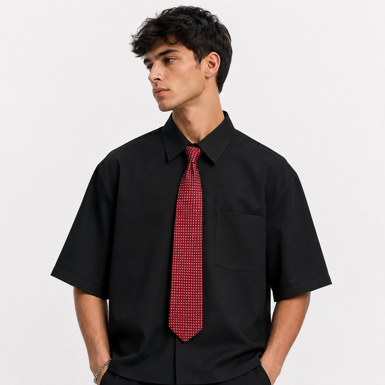 Solid Color Loose Fit Short Sleeve Shirt With Tie For Men