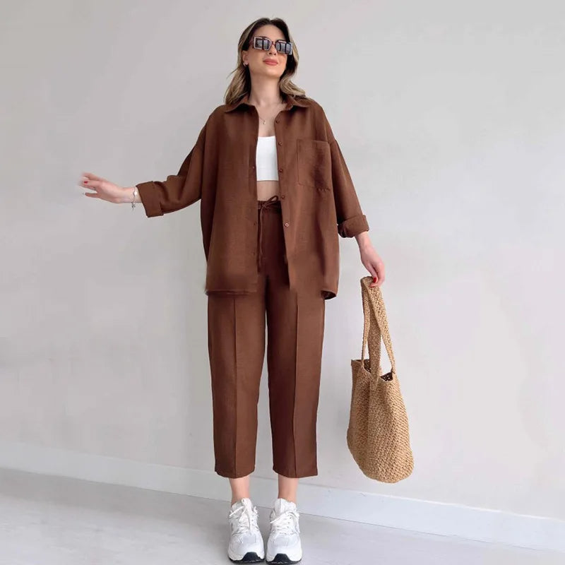 Solid Colored Long Sleeve Shirt And Trouser Co-Ord Set-Vacay Outfit
