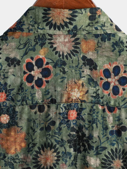 Men Floral Vintage Cotton Shirt-Vacay Outfit