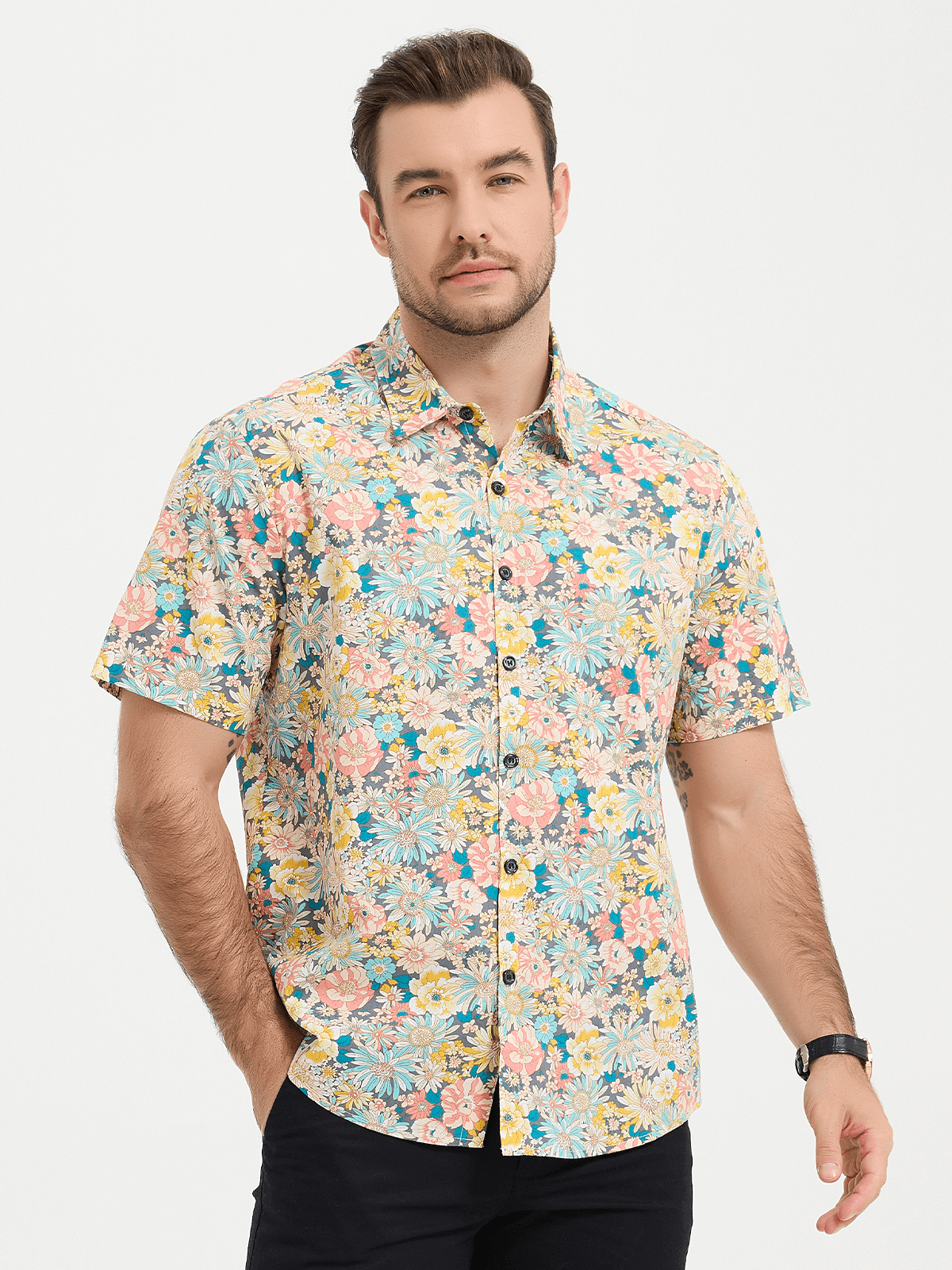 Men Striped And Floral Short Sleeve Shirts-Vacay Outfit