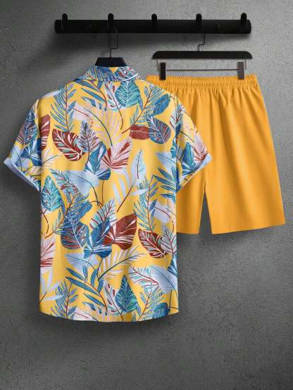 Leaf Print Short Sleeve Shirt And Shorts Set-Vacay Outfit