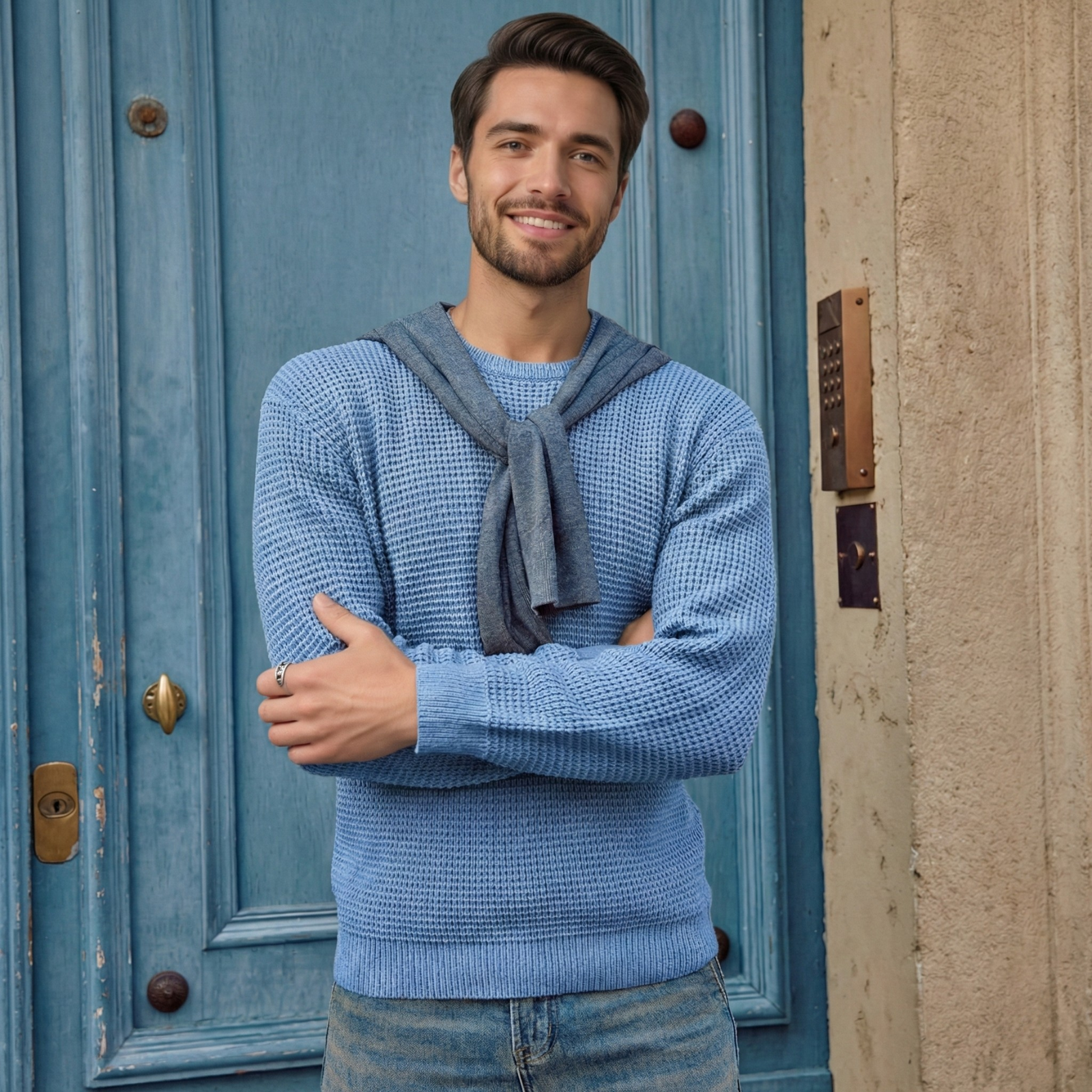 Waffle Textured Long Sleeve Knit Pullover