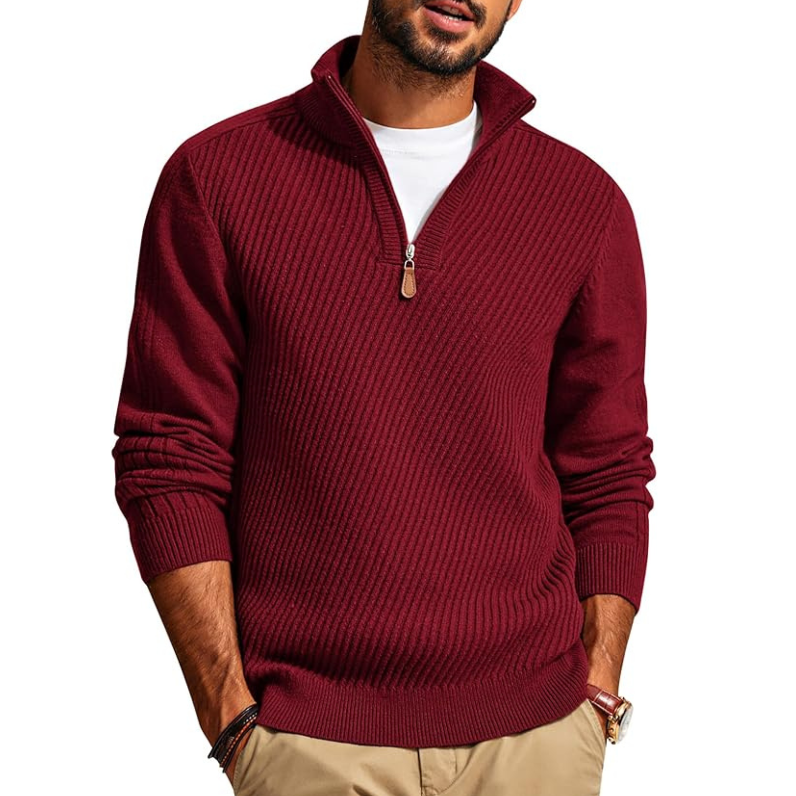 Textured Knit Quarter Zip Pullover Sweater For Men