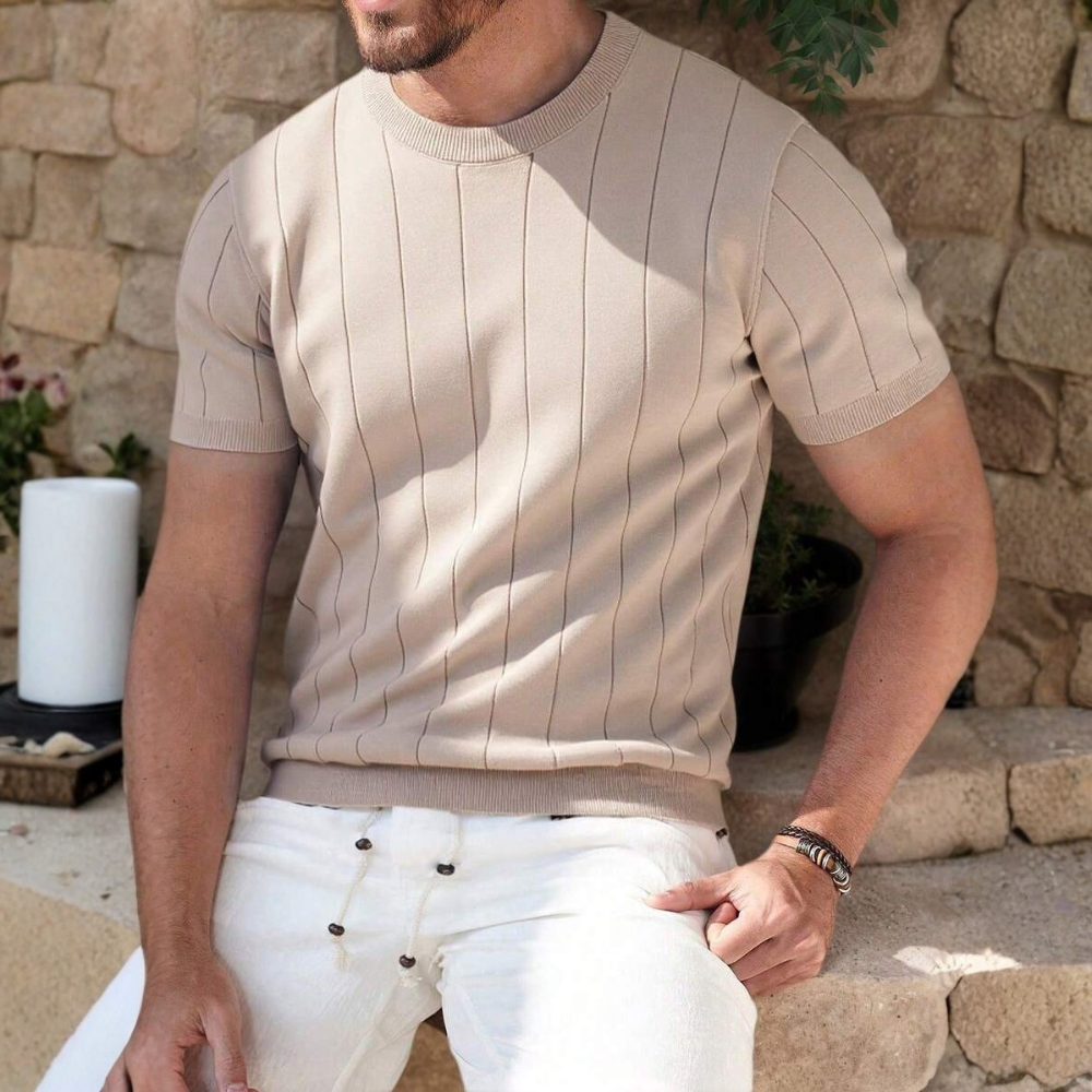 Short Sleeve Solid Knit Vertical Striped Top For Men