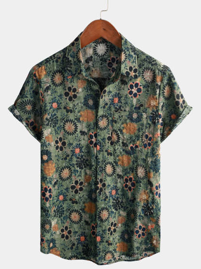 Men Floral Vintage Cotton Shirt-Vacay Outfit