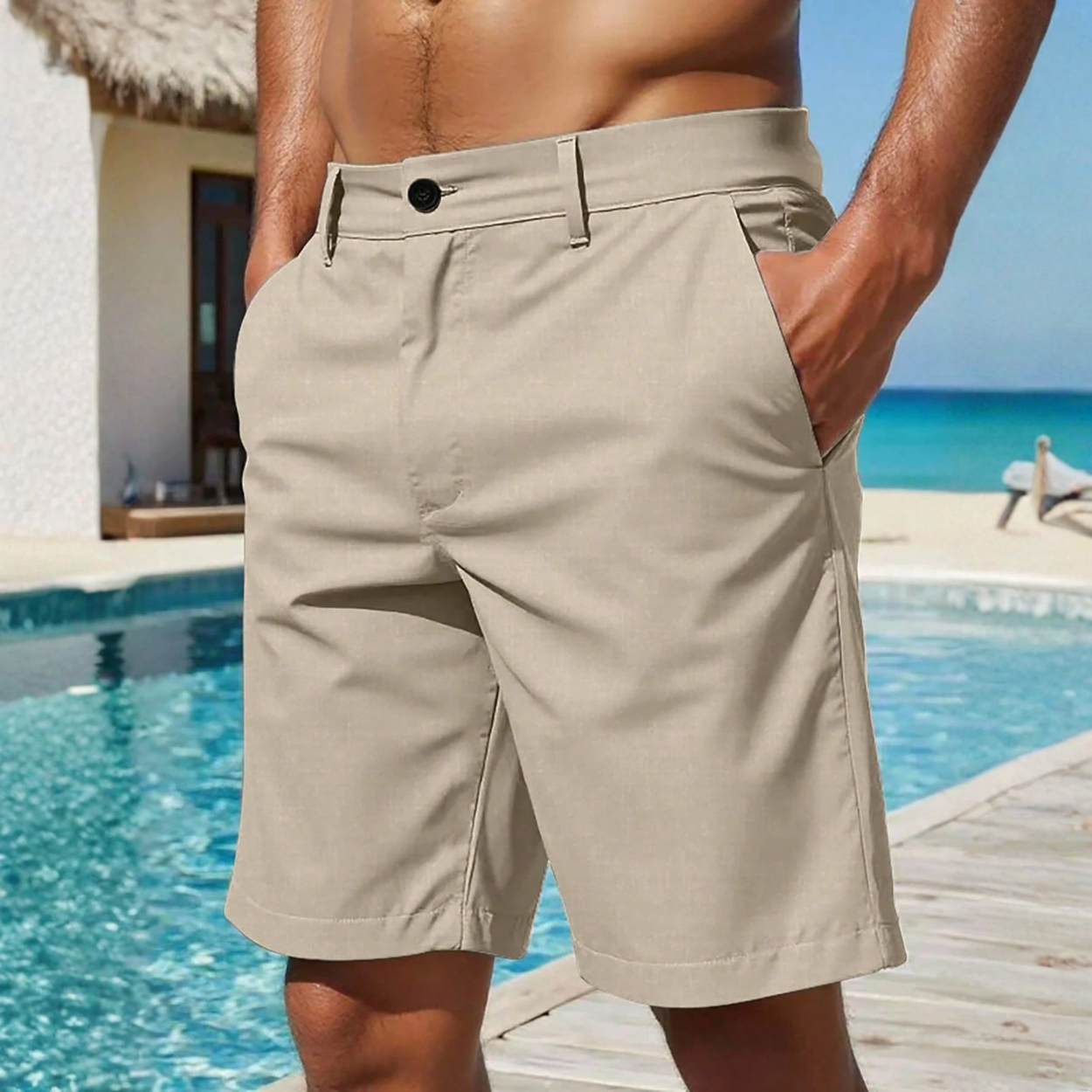 Loose Linen Slant Pocket Length Shorts For Men