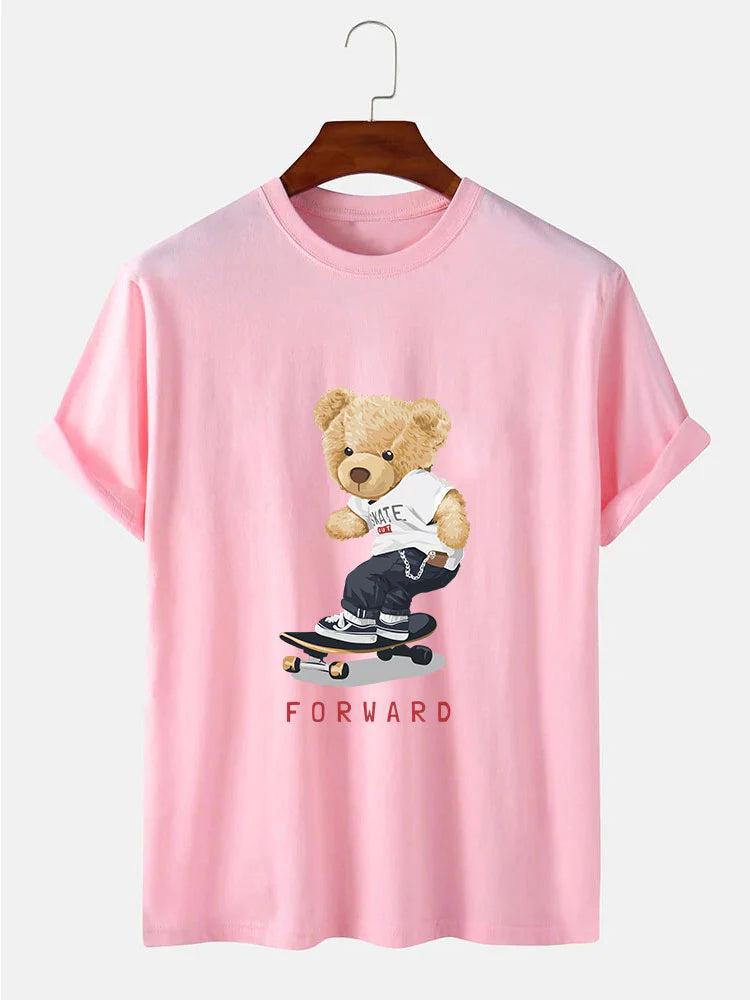 Bear On Skateboard Print T-Shirt-Vacay Outfit