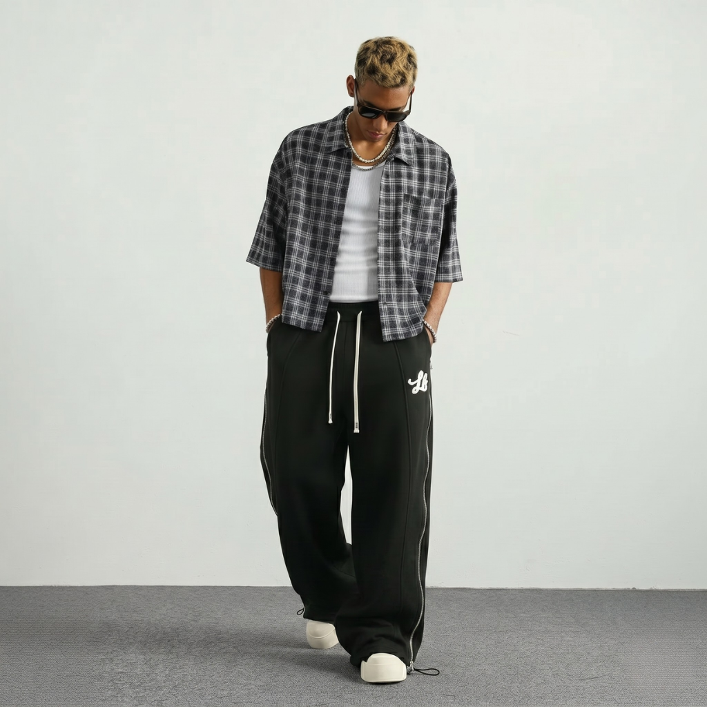 Street Style Wide Pants With Double Zipper And Side Panels