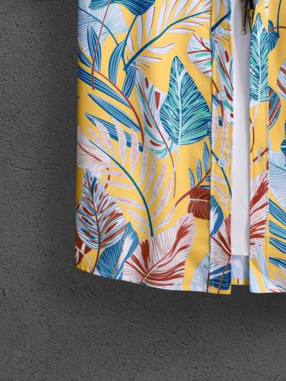 Leaf Print Short Sleeve Shirt And Shorts Set-Vacay Outfit