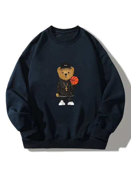 Basketball Bear Print Crew Neck Sweatshirt-Vacay Outfit