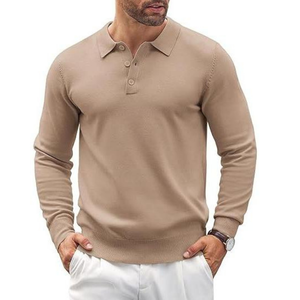 Long Sleeve Front Buttoned Knit Polo Shirt For Men