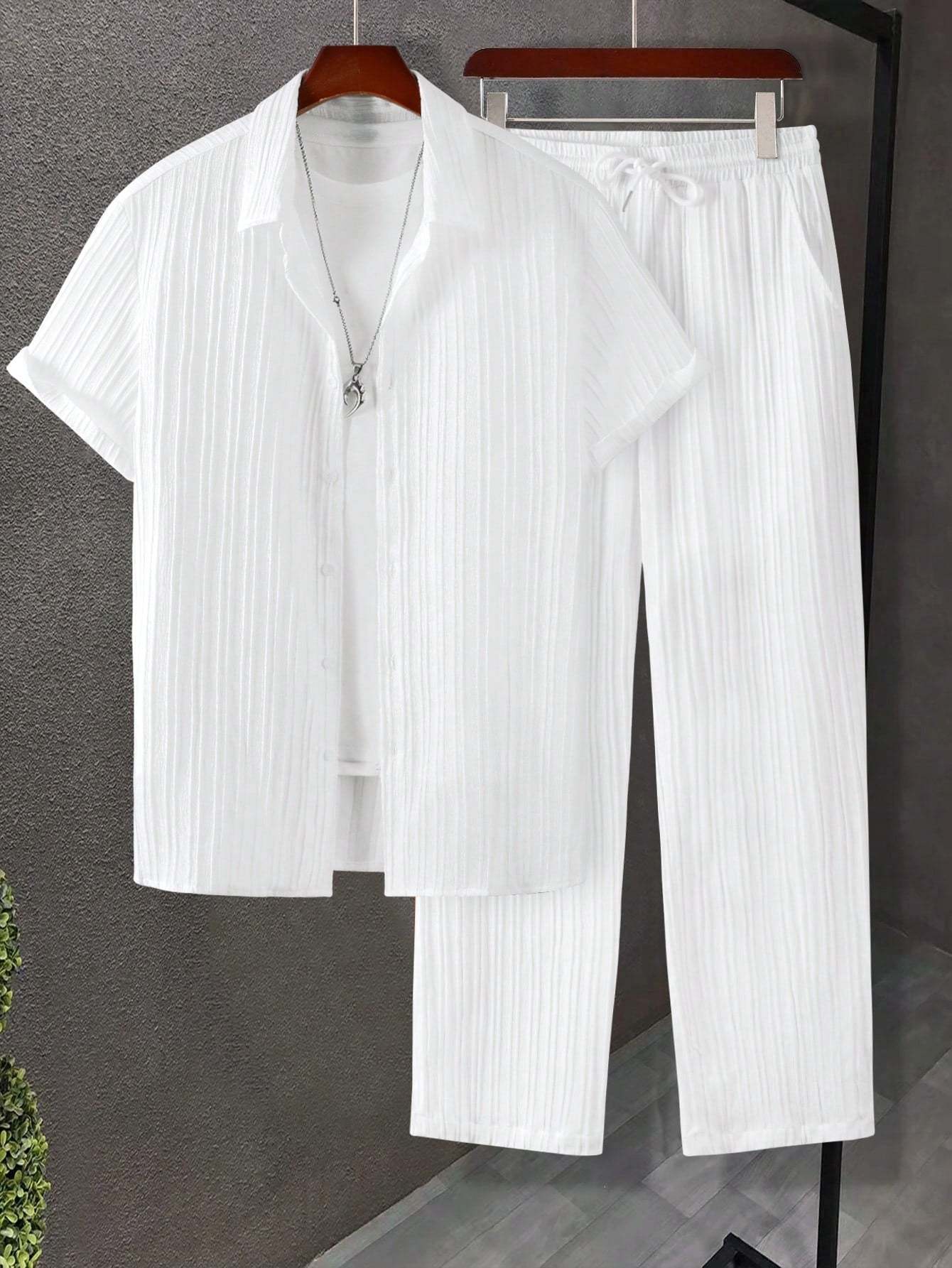 Solid Colored Button Up Shirt And Pants Without Tee-Vacay Outfit