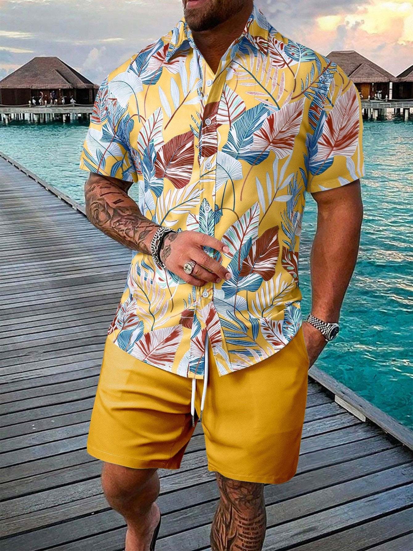 Leaf Print Short Sleeve Shirt And Shorts Set-Vacay Outfit
