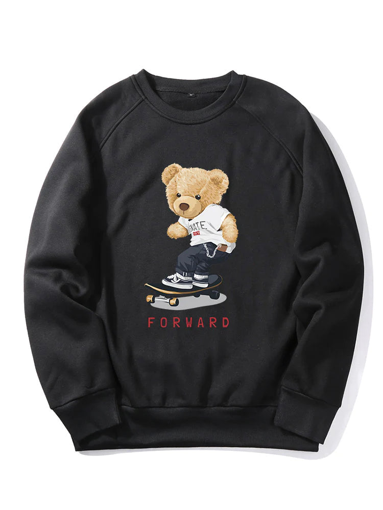 Bear On Skateboard Print Sweatshirt-Vacay Outfit