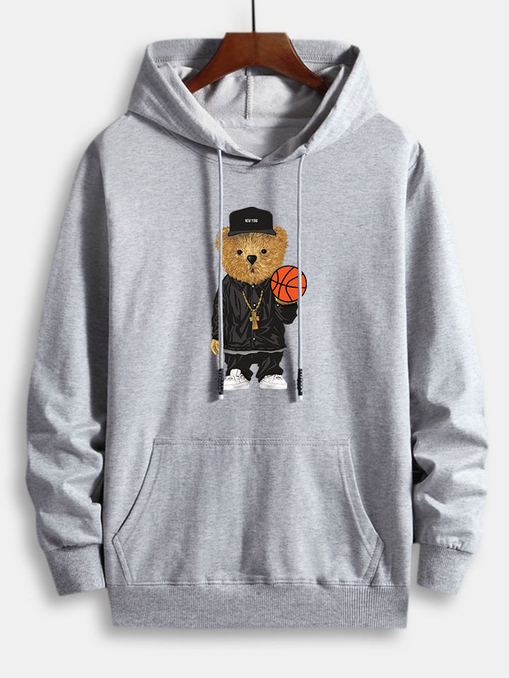 Basketball Bear Print Cotton Hoodie-Vacay Outfit