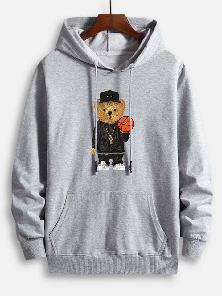 Basketball Bear Print Cotton Hoodie-Vacay Outfit