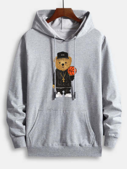 Basketball Bear Print Cotton Hoodie-Vacay Outfit