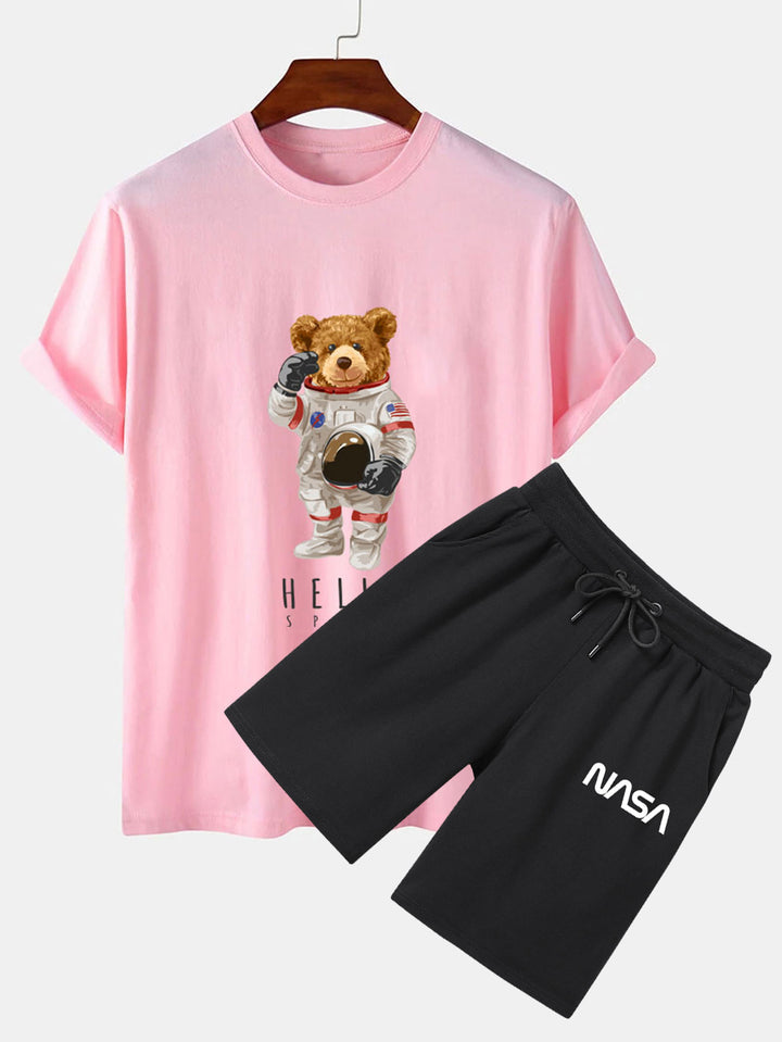 Astronaut Bear Print T-Shirt And NASA Print Shorts-Vacay Outfit
