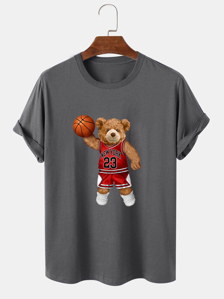 Bear Playing Basketball Print T-Shirt-Vacay Outfit