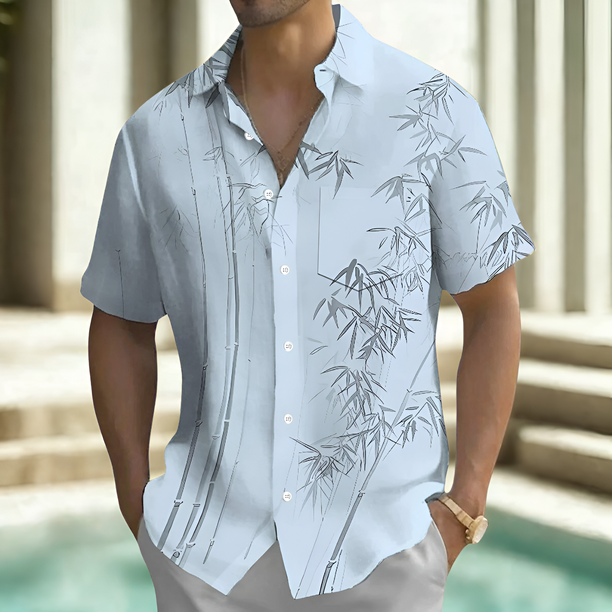 Hawaiian Bamboo Leaf Print Button Down Shirt For Men