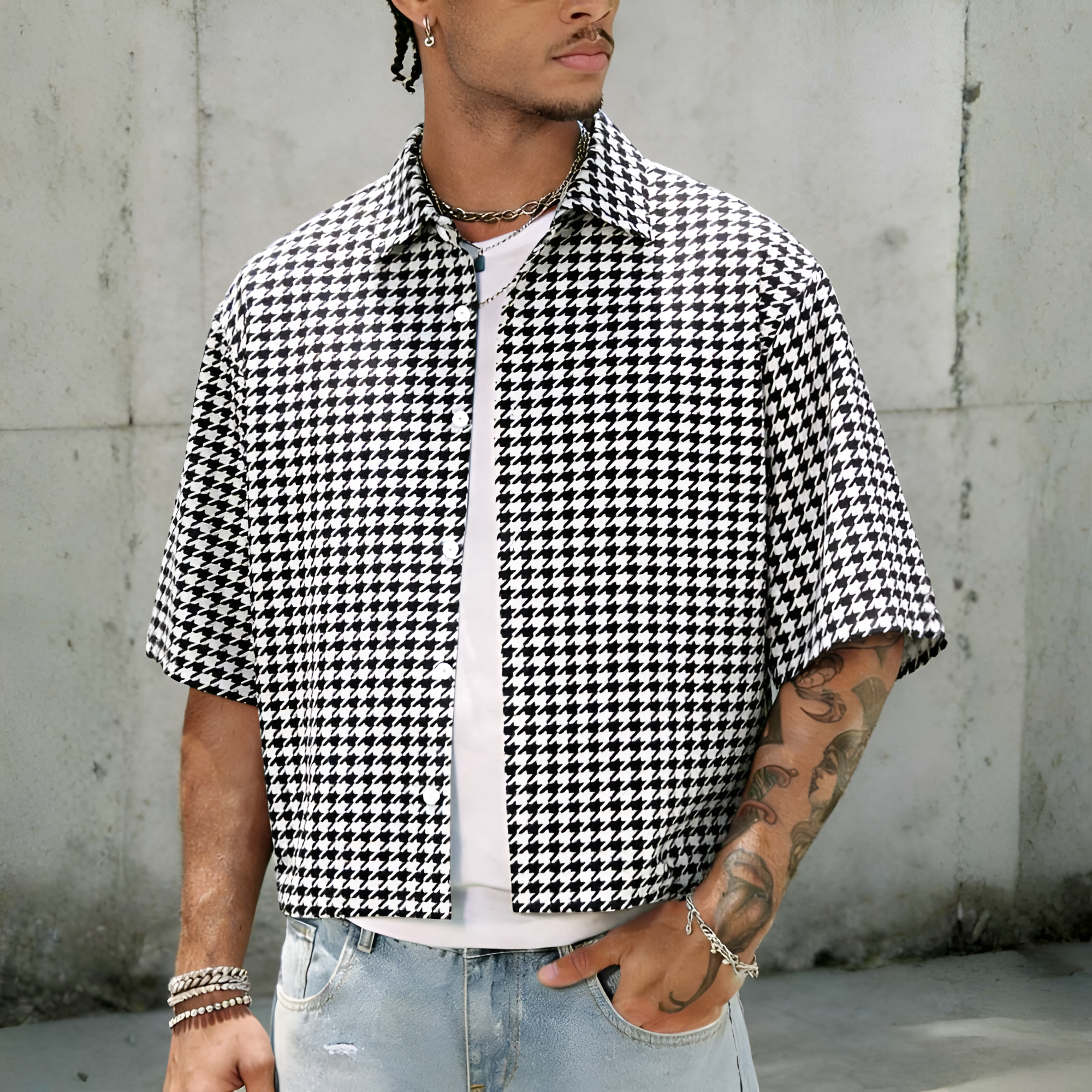 Houndstooth Slim Fit Short Sleeve Casual Street Style Shirt For Men