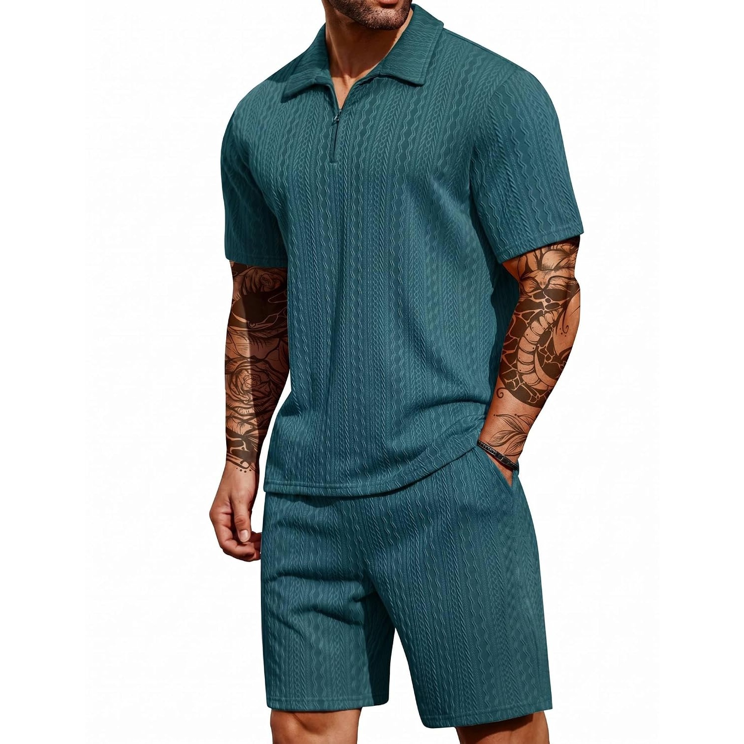Casual Summer Athletic Quarter Shorts And Polo Shirt Set For Men